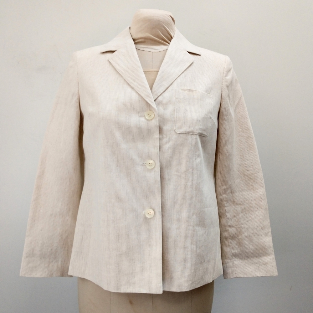 Relaxed Fit Khaki + Cream Pin Striped Linen Blazer